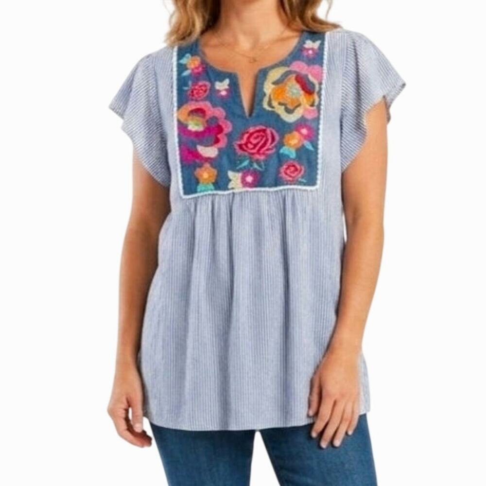 SAVANNA JANE Floral Embroidered Striped Cotton Blend Top Blouse 3X Boho Colorful